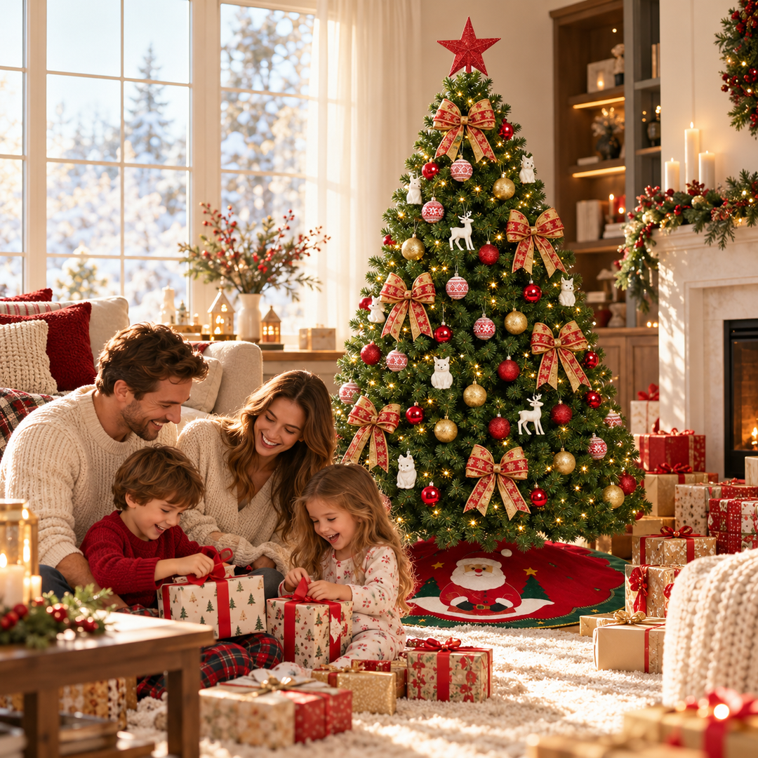 Decorated Artificial Christmas Tree with Red and Gold Ornaments