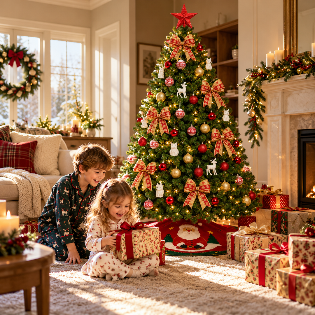 Decorated Artificial Christmas Tree with Red and Gold Ornaments