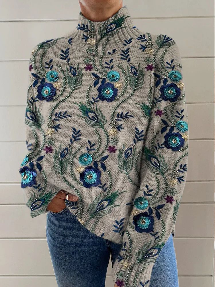 Georgia | Women's Embroidered Floral Half-Zip Turtleneck Sweater