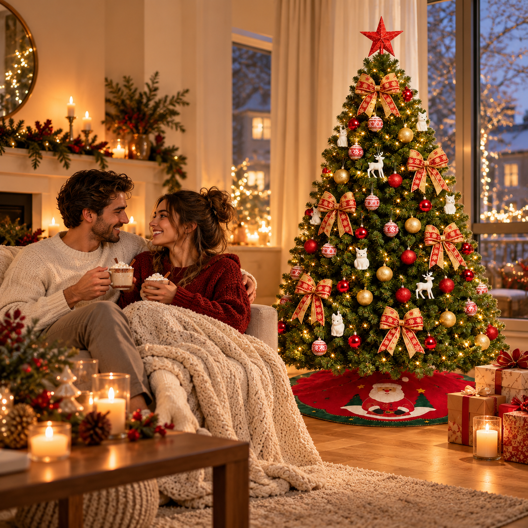Decorated Artificial Christmas Tree with Red and Gold Ornaments