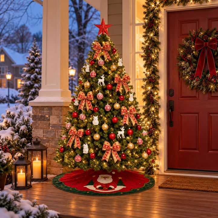 Decorated Artificial Christmas Tree with Red and Gold Ornaments