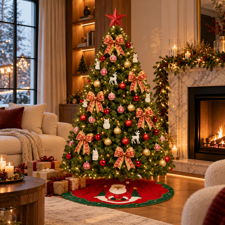 Decorated Artificial Christmas Tree with Red and Gold Ornaments