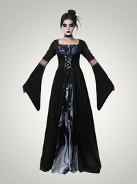 Women's Hooded Gothic Witch Dress with Flared Skirt
