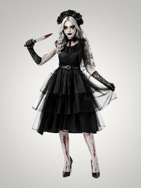 Women's Gothic Ghost Bride Costume with Veil and Tiered Dress