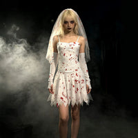 Women's Bloody Ghost Bride Costume with Veil and Corset Dress