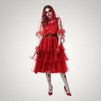 Women's Bloody Zombie Bride Costume with Veil and Tiered Dre