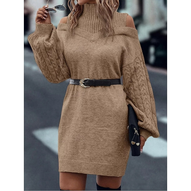 Bella | Women's Cold-Shoulder Cable Knit Turtleneck Midi Sweater Dress