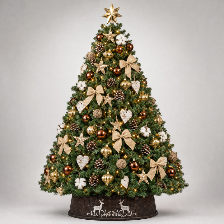 Decorated Artificial Christmas Tree with Gold Ornaments and Star Topper