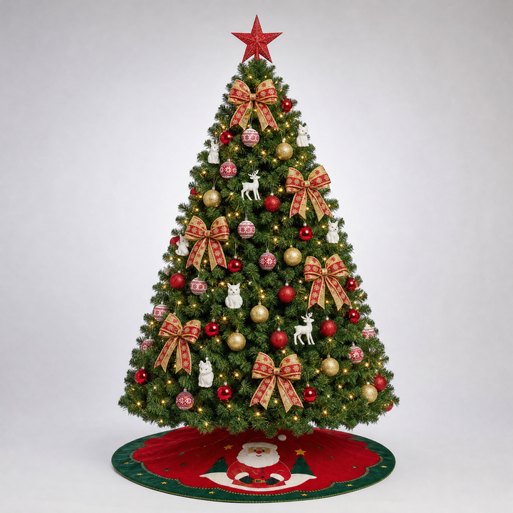 Decorated Artificial Christmas Tree with Red and Gold Ornaments