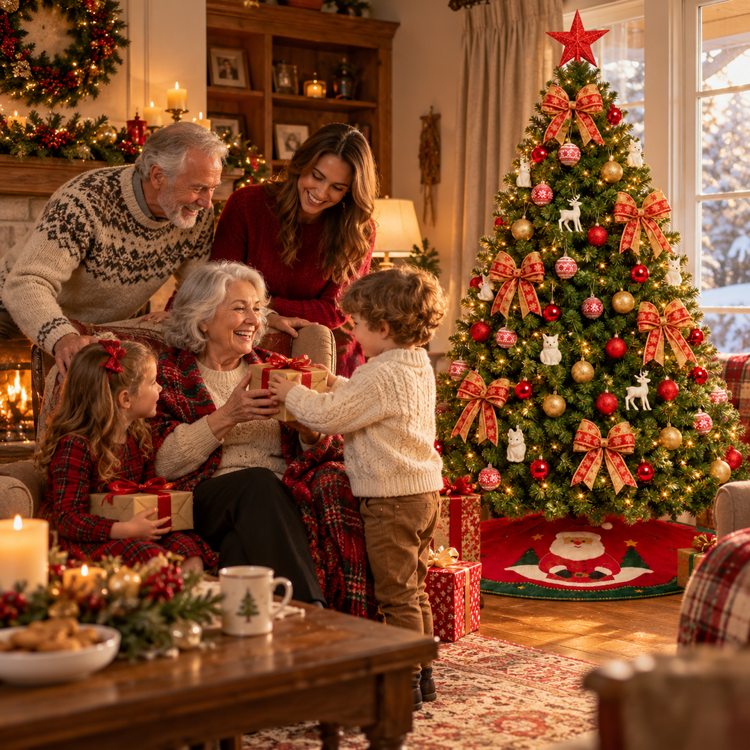 Decorated Artificial Christmas Tree with Red and Gold Ornaments