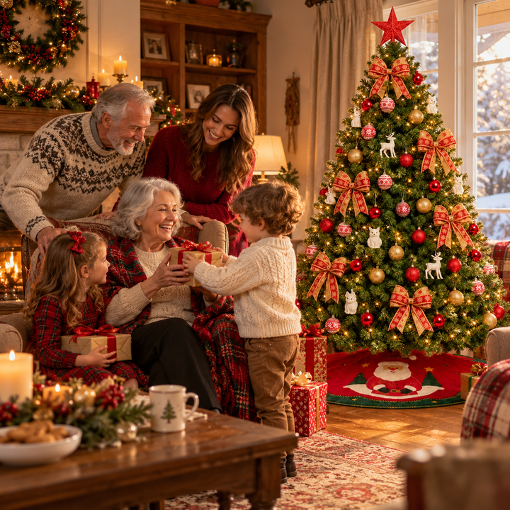 Decorated Artificial Christmas Tree with Red and Gold Ornaments