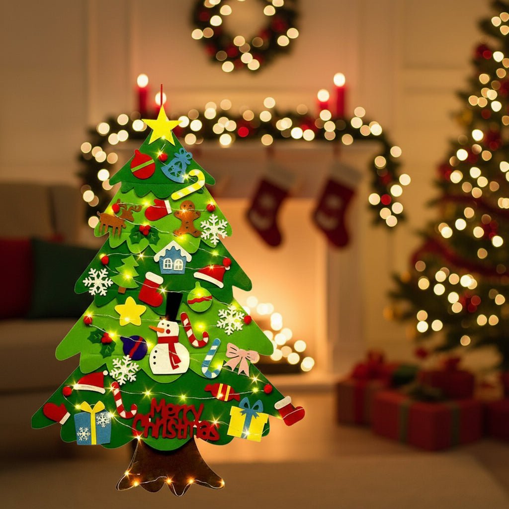 Felt Artificial Christmas Tree with LED Lights and Removable Ornaments