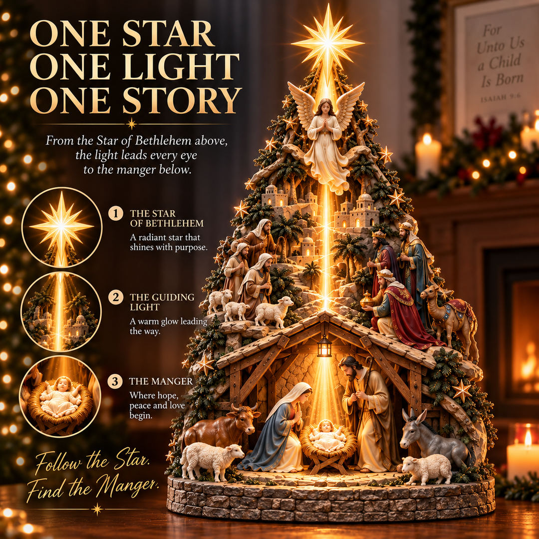 Glowing Star Tree Topper with Nativity Scene and LED Light