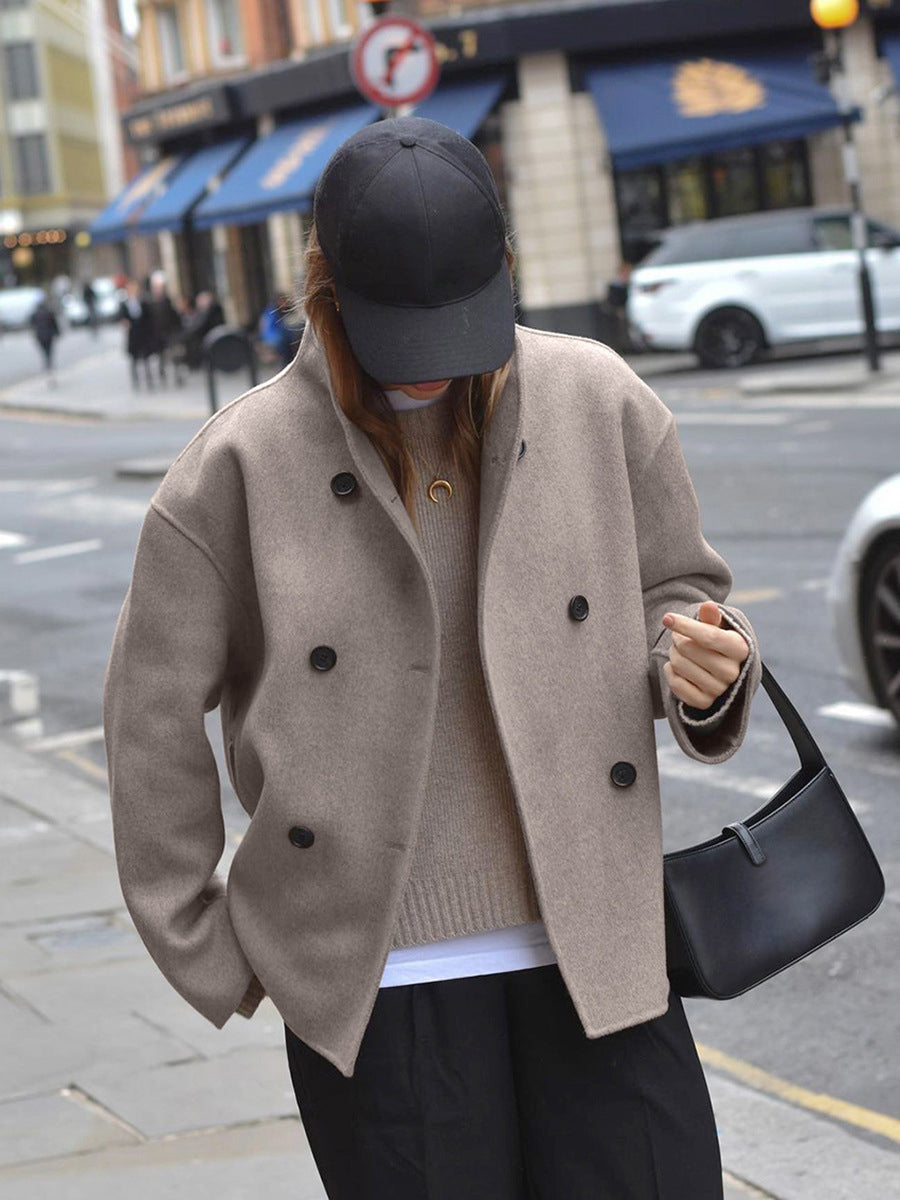 Hannah | Women's Elegant Wool Pea Coat with Double-Breasted Stand Collar