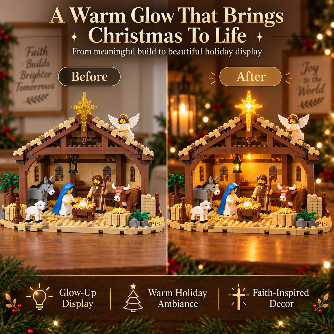 Illuminated Brick-Built Nativity Set