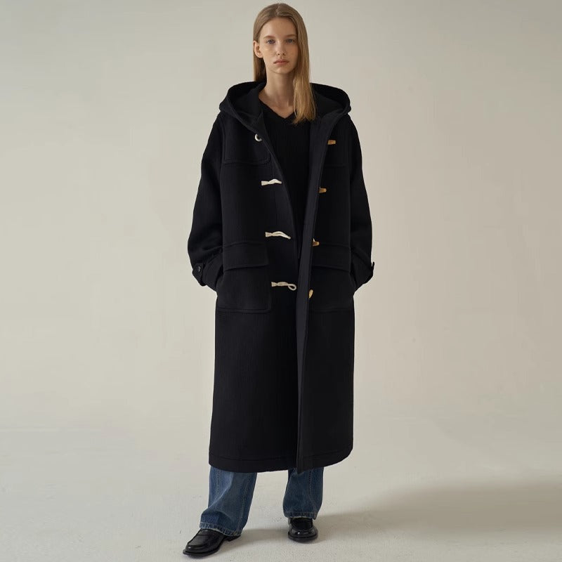 Laura | Women's Long Hooded Wool Duffle Coat Black