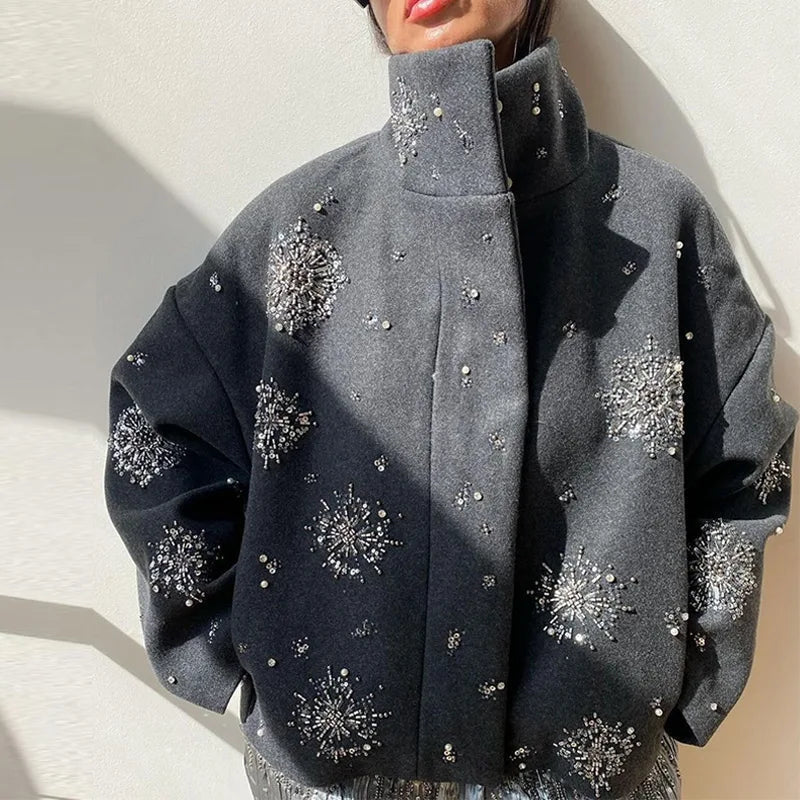 Lisa | Women's Oversized Cropped Grey Embroidered Pearl High Collar Pea Coat