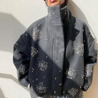 Lisa | Women's Embroidered Pearl High Collar Pea Coat