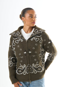 Meno | Women's Hooded Bandana Zip-Up Cardigan