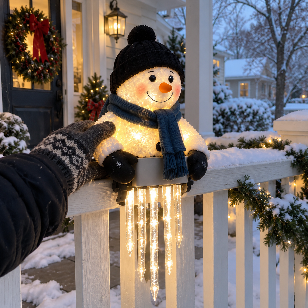 Snowman Decor with Glowing Icicle Light Strands