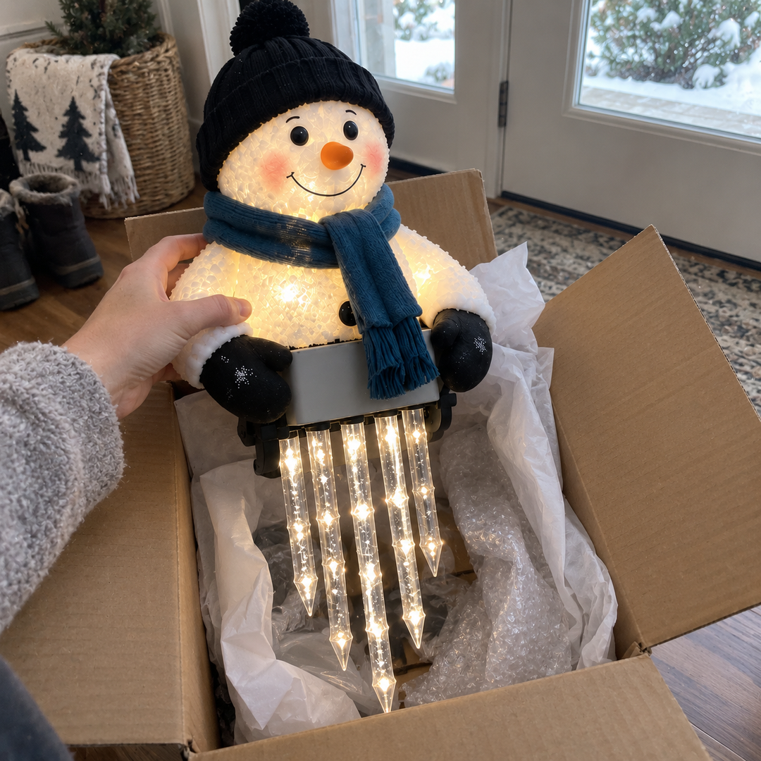 Snowman Decor with Glowing Icicle Light Strands