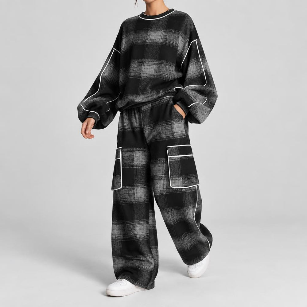 Violet | Women's Oversized Black Gray Plaid Sweatshirt Pants Two-Piece Set
